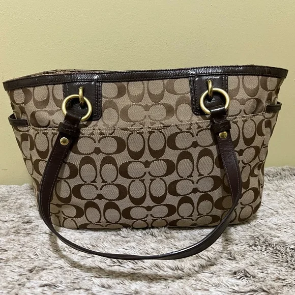 SOLD - Coach Gallery Signature Zip Khaki Mahogany Tote - Picture 5 of 10